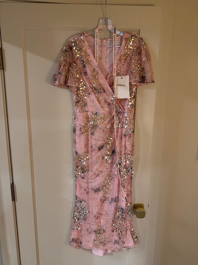 Mac Duggal Printed Mesh Flutter Sleeve Faux Wrap Mini Dress